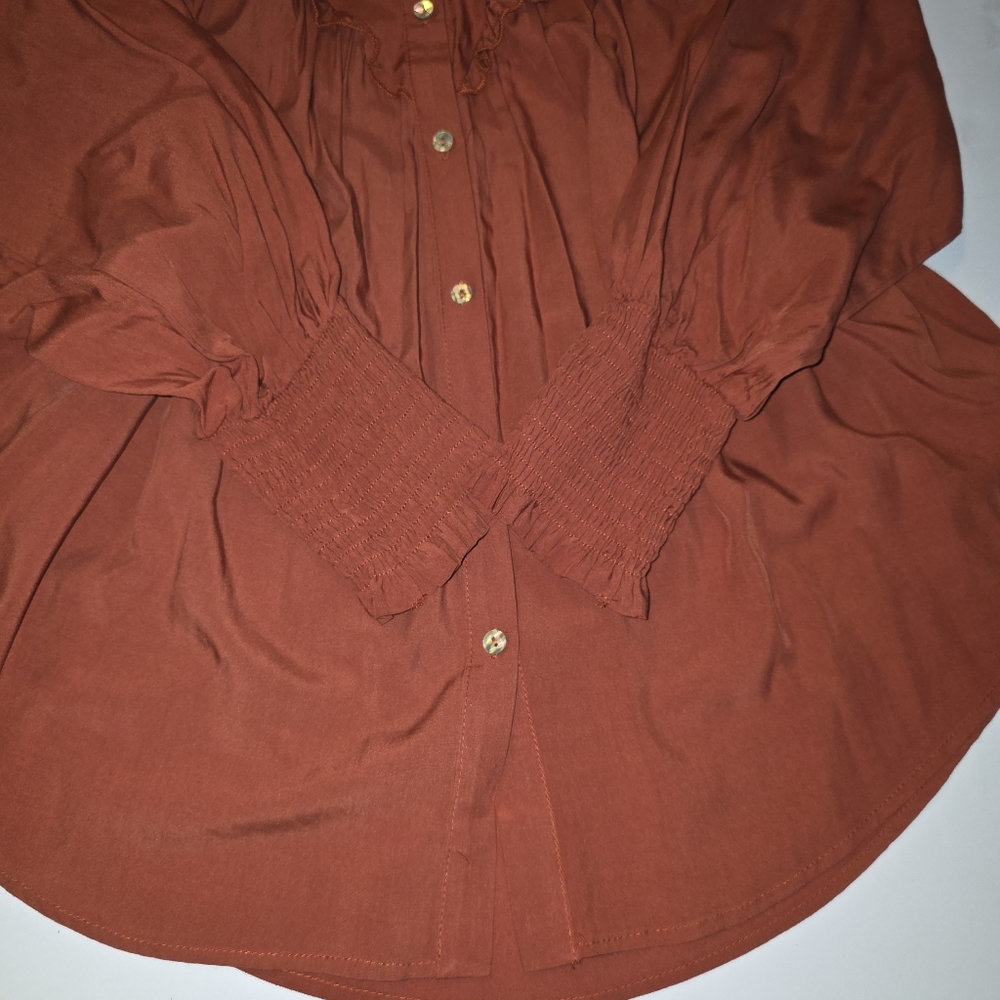 Sz S Listicle Rust Long Sleeves Shirt Embroidery Ruffles Pockets Floral Details - Picture 11 of 12